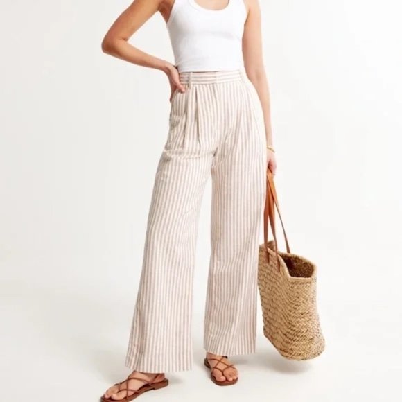 Abercrombie & Fitch Pants - A&F Oversized High Rise Linen Trouser Pants Beige Pink Stripe Womens SM